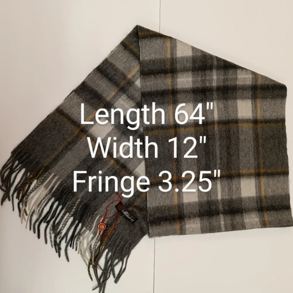NEW Pure Cashmere Wool Gray Plaid Scarf/Muffler w/ Fringed Edges
